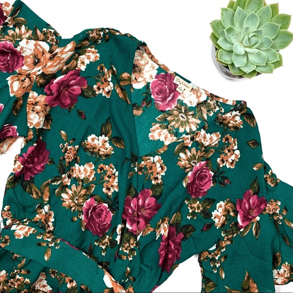 Lily White Tops - Lily White Hunter Green Floral Wrap Blouse